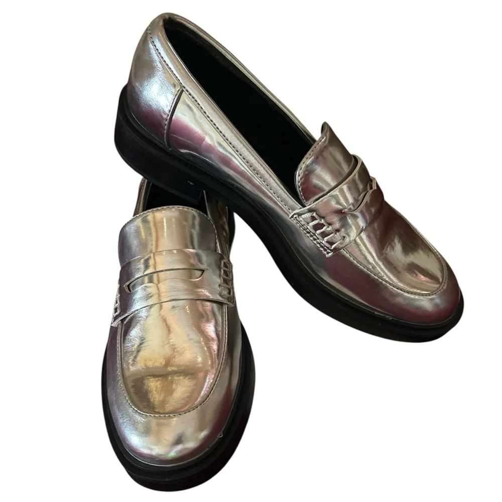 Patent Silver Loafers black lug sole flats slip on shoes 6.5